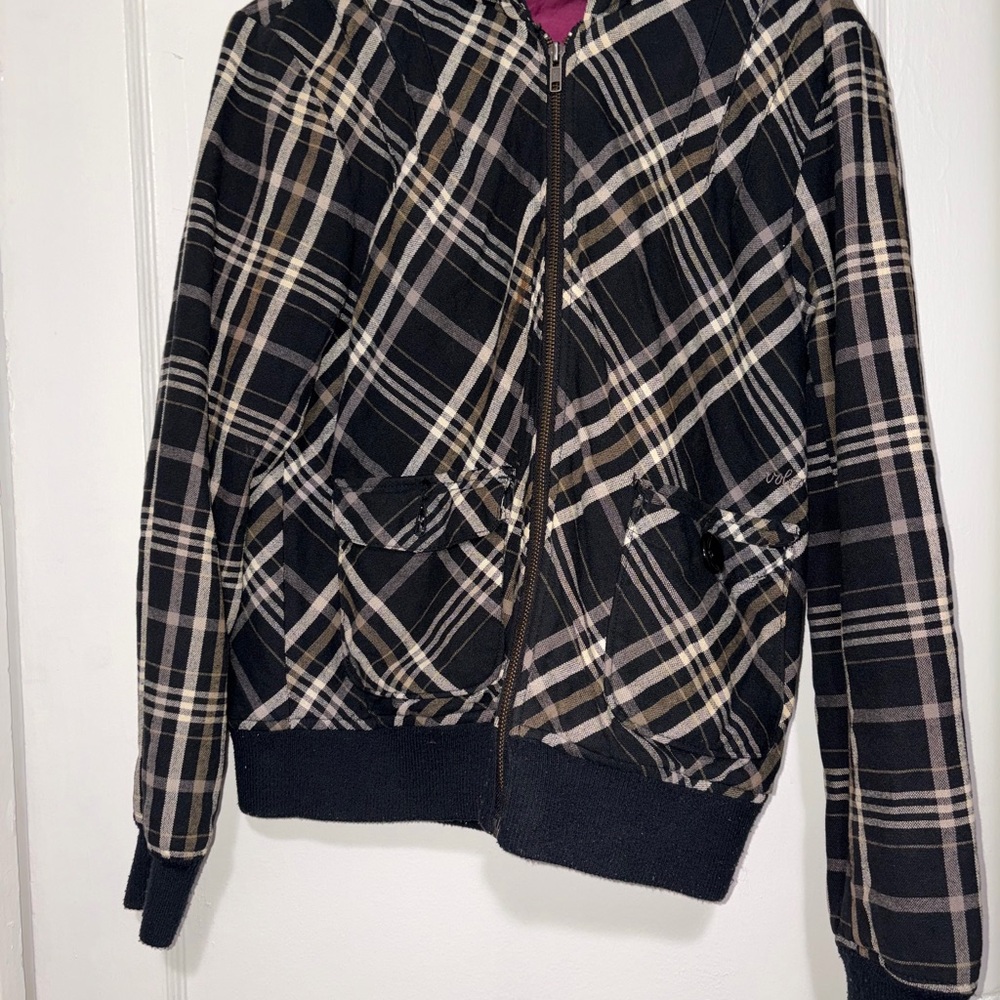 Volcom Black and Tan Plaid Bomber Jacket